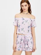 Shein Floral Vertical Striped Top With Tie Waist Overlay Shorts