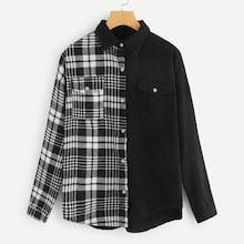 Shein Plaid Pocket Detail Drop Shoulder Denim Shirt