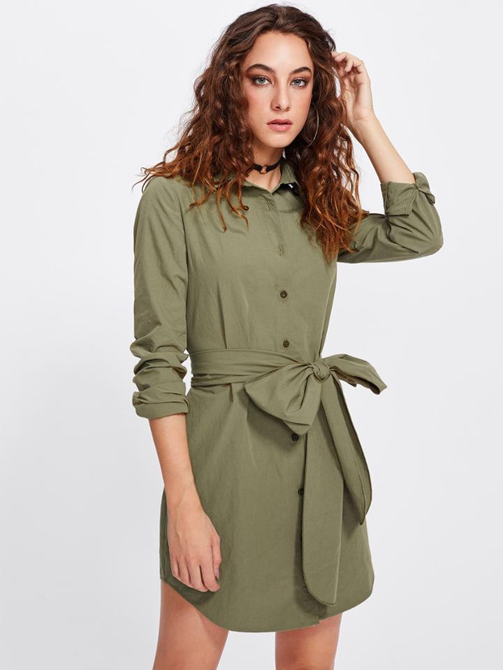 Shein Dolphin Hem Bow Belted Shirt Dress