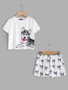 Shein Dog Print Tee & Shorts Pajama Set
