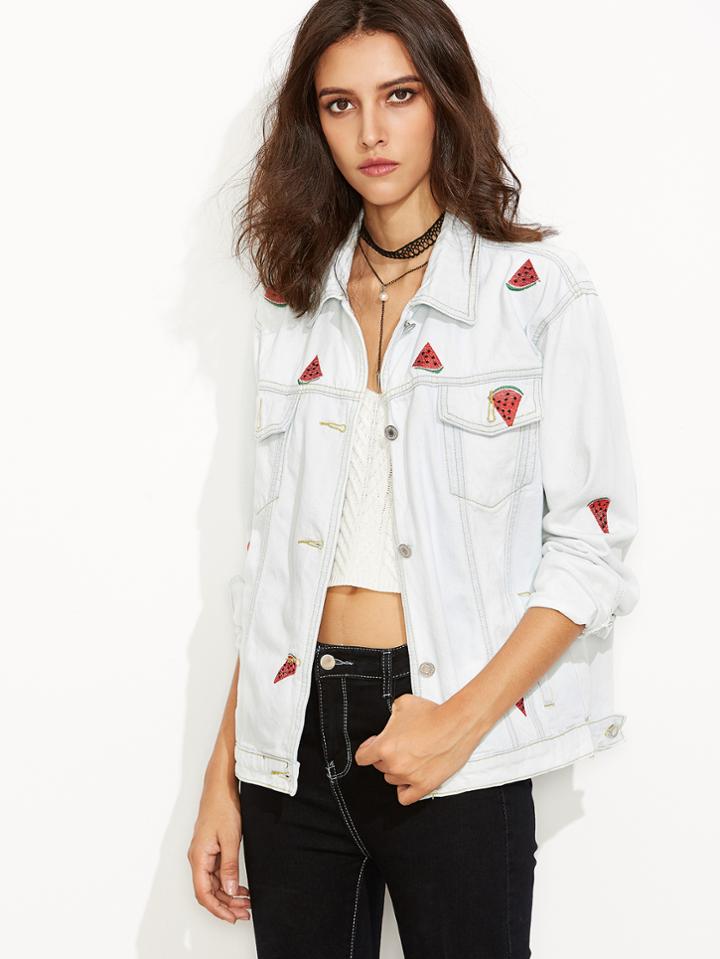 Shein Bleached Wash Watermelon Embroidered Denim Jacket
