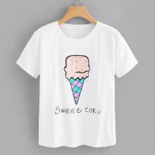 Shein Ice-cream Print Faux Pearl Beading Tee