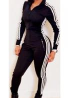 Rosewe Zipper Closure Side Striped Black Jumpsuit