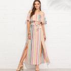 Shein Pom-pom Trim Split Side Striped Dress