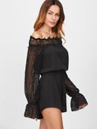 Shein Black Off The Shoulder Dotted Crochet Sleeve Elastic Waist Romper