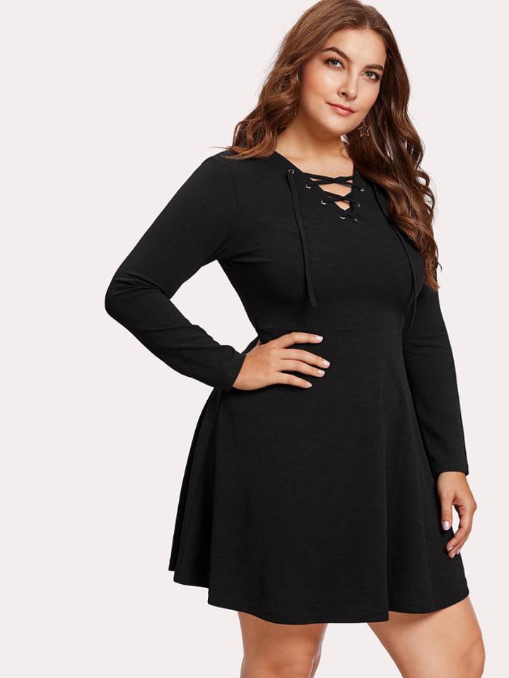 Shein Eyelet Lace Up Neck Slub Dress