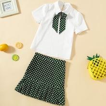 Shein Girls Bow Detail Top & Pleated Polka Dot Skirt Set