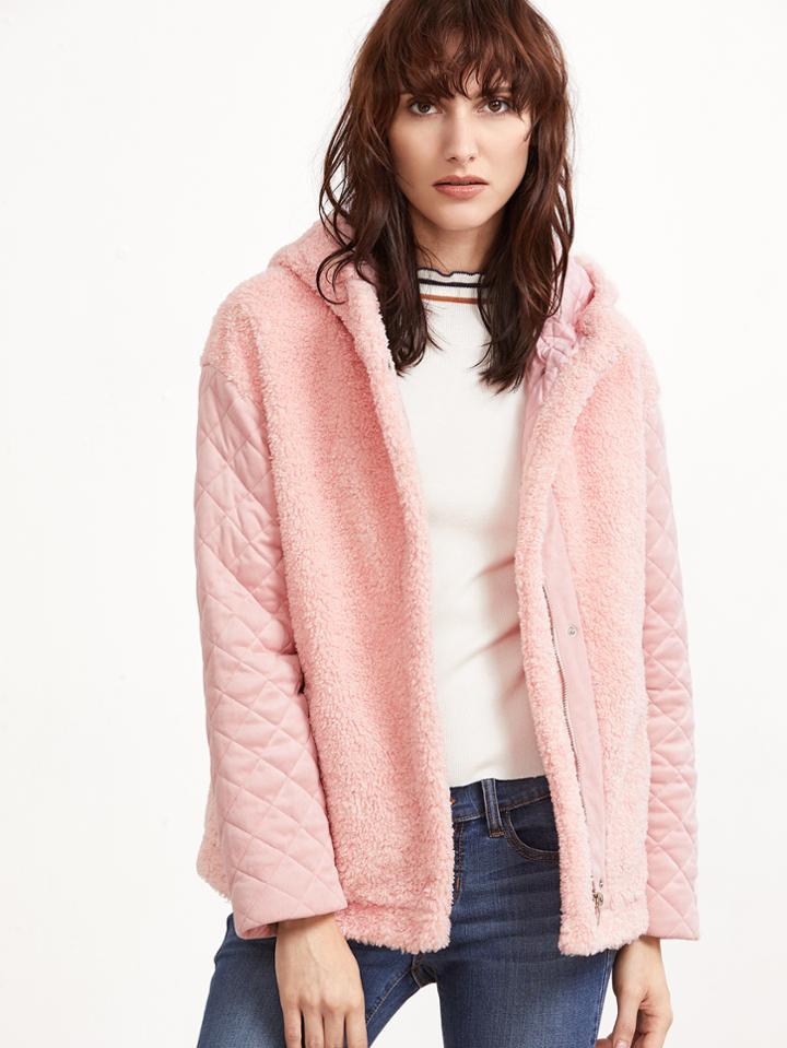 Shein Pink Quilted Sleeve Hidden Zip Hooded Fleece Jacket