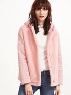 Shein Pink Quilted Sleeve Hidden Zip Hooded Fleece Jacket