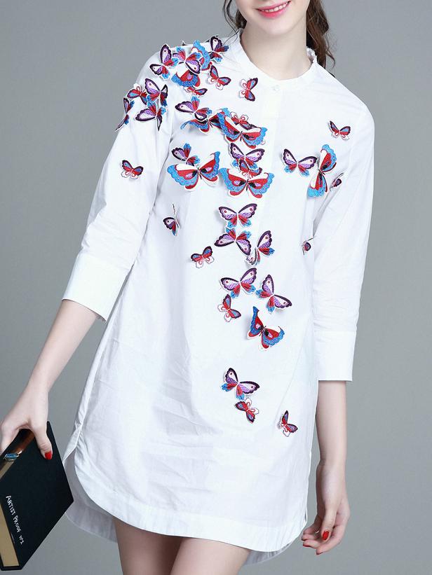 Shein White Crew Neck Bows Furcal Shirt Dress