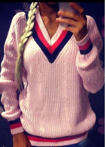 Rosewe Long Sleeve V Neck Pink Sweater