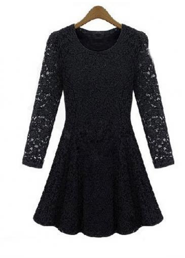 Rosewe A Line Black Lace Long Sleeve Mini Dress