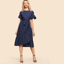 Shein Flounce Sleeve Overlap Ruffle Hem Dress