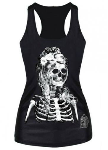 Rosewe Skull Print Round Neck Black Tank Top