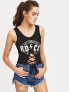 Shein Eyelet Lace Up Front Graphic Tank Top