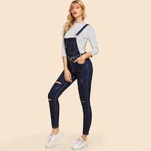 Shein Pocket Detail Ripped Denim Overalls