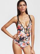 Shein Floral Print Plunge Neck Cutout One-piece Swimwear