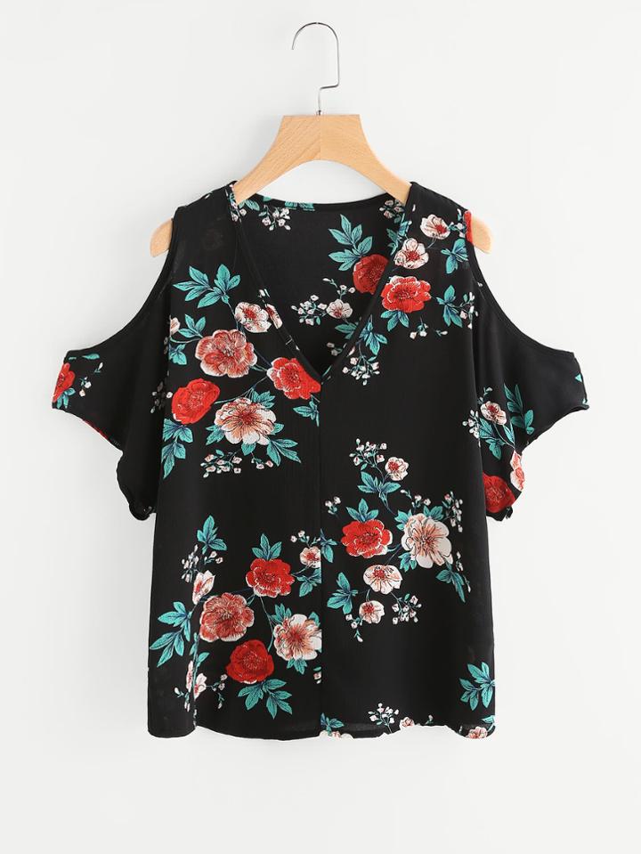 Shein All Over Flower Print Open Shoulder Top