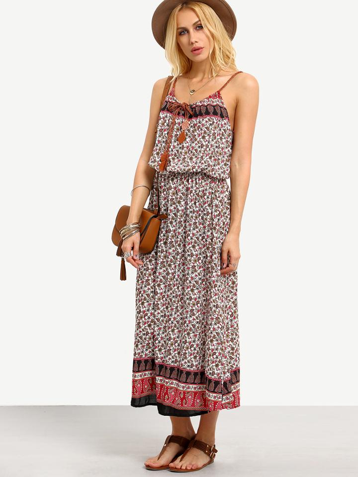 Shein Tie-neck Paisley Print Blouson Cami Dress