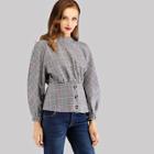 Shein Button Decorated Plaid Blouse