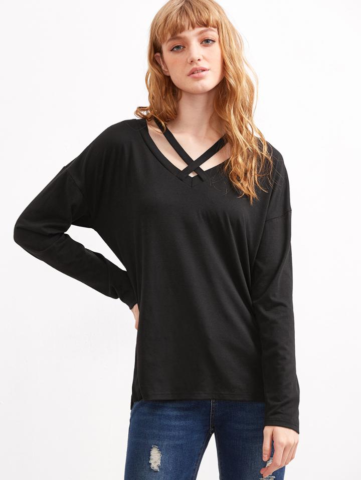 Shein Black Crisscross V Neck Side Slit T-shirt