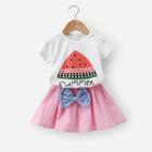 Shein Girls Letter Print And Watermelon Print Tee With Bow Detail Skirt