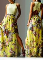 Rosewe Flower Print Side Slit Hollow Back Maxi Dress