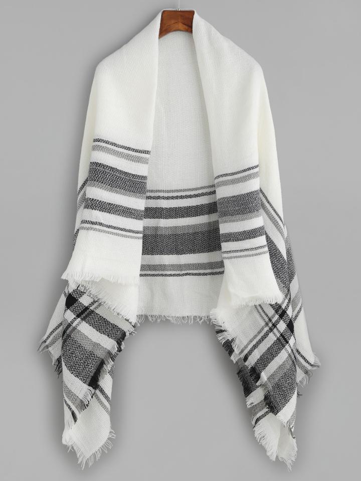 Shein Black And White Plaid Stripe Fringe Shawl Scarf