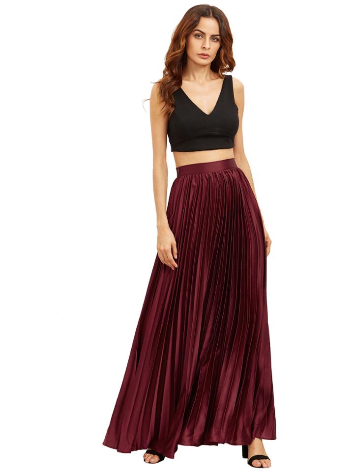 Shein Zipper Side Pleated Flare Full Length Skirt