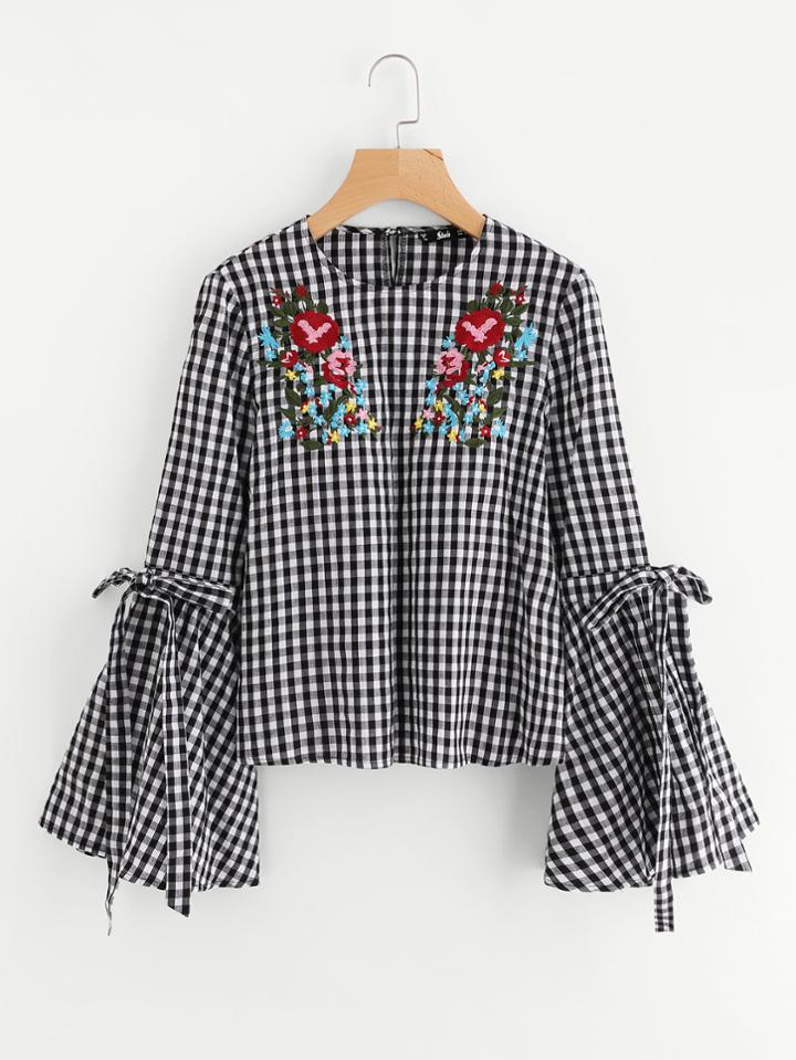 Shein Belted Trumpet Sleeve Embroidered Gingham Blouse