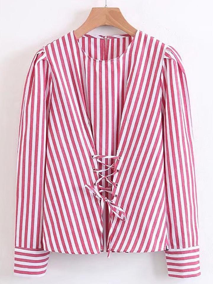 Shein Lace Up Striped Blouse