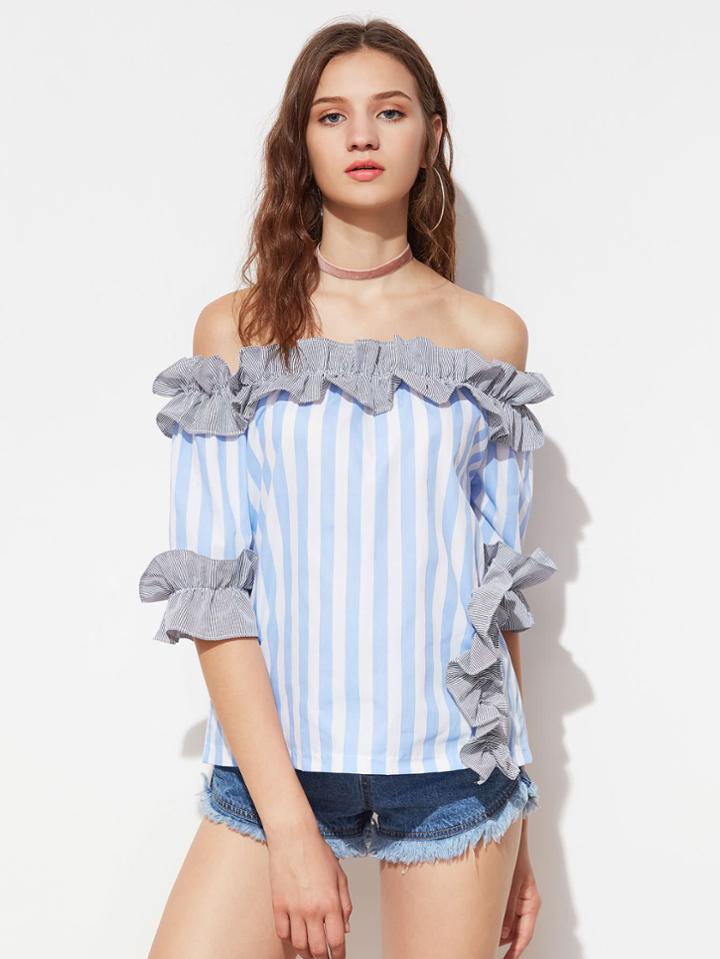Shein Bardot Striped Exaggerated Frill Trim Top