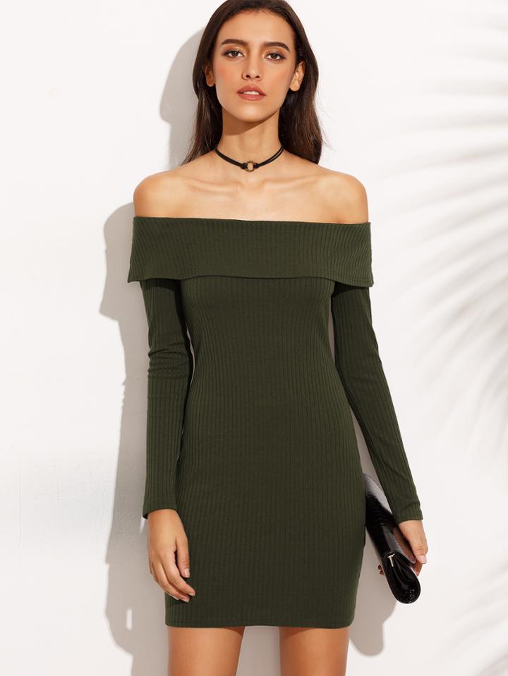 Shein Army Green Off The Shoulder Long Sleeve Sheath Dress