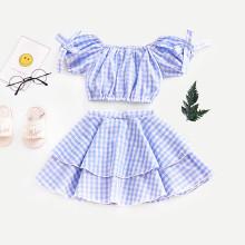 Shein Girls Knot Gingham Crop Top With Tiered Skirt