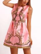 Shein Pink Sleeveless Branches Print Flare Dress