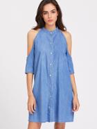 Shein Band Collar Open Shoulder Button Up Denim Dress