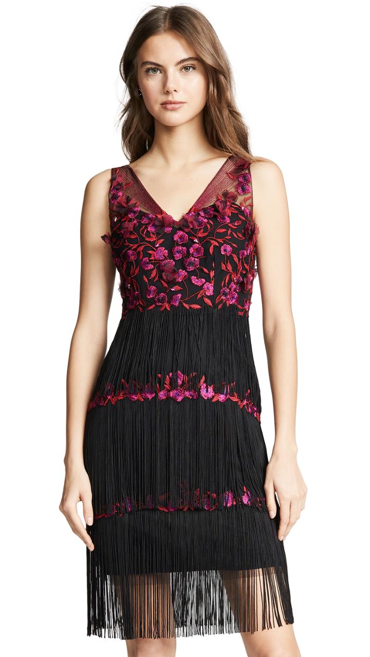 Marchesa Notte V Neck Embroidered Fringe Cocktail Dress