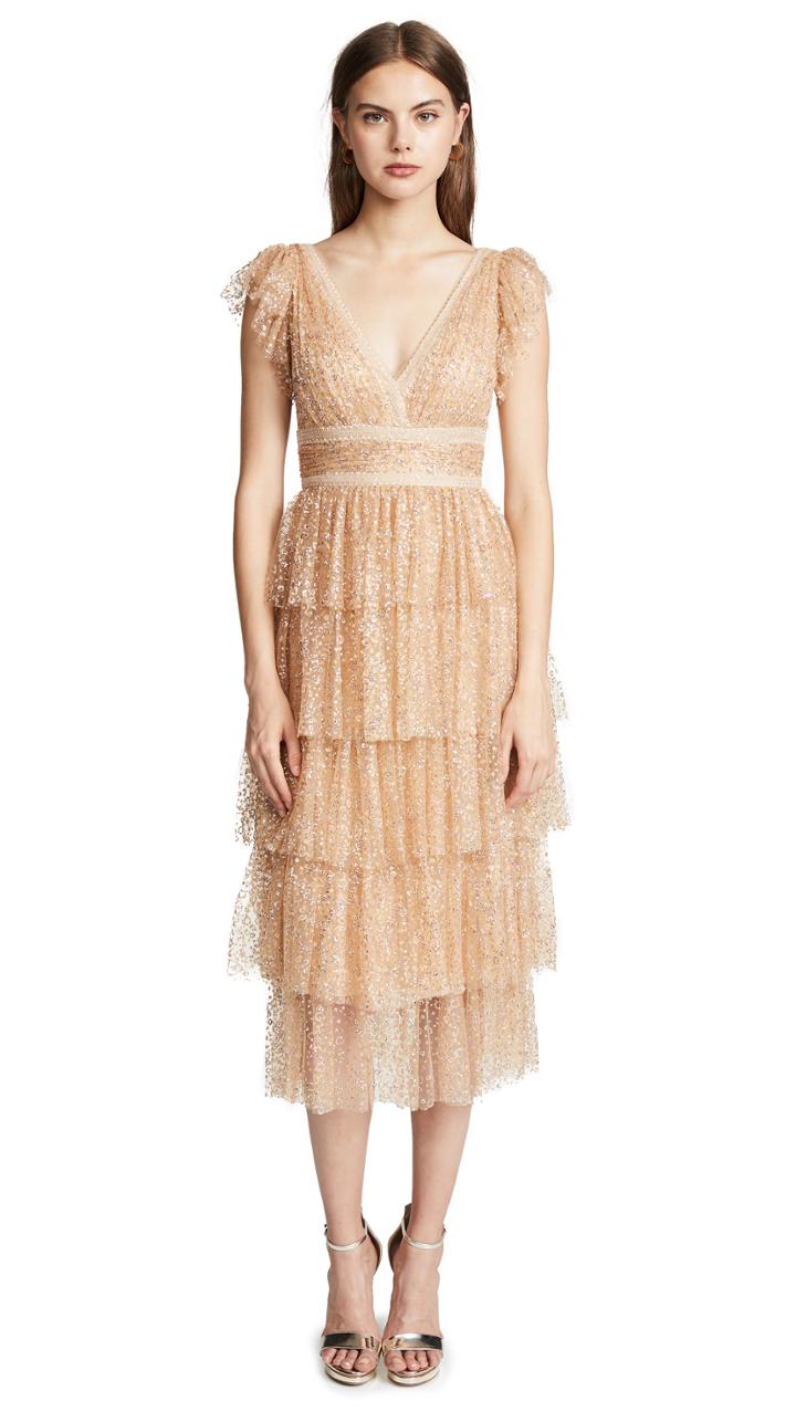 Marchesa Notte Glitter Tulle Cocktail Dress