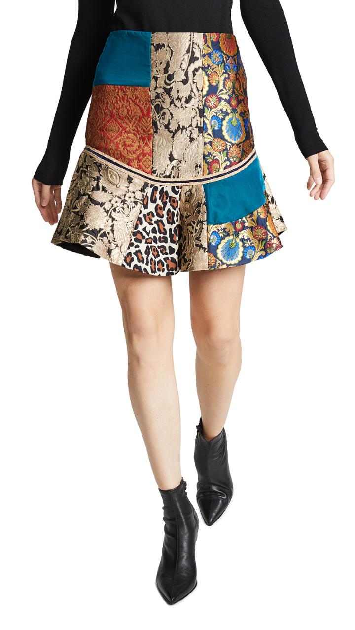 Alice Olivia Eriko Patchwork Curved Hem Skirt