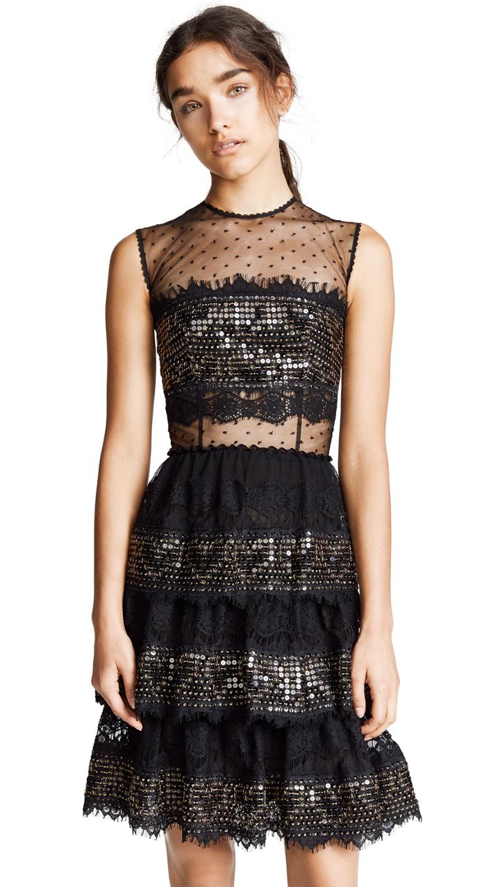 Costarellos Long Layered Dress With Sequin Panels