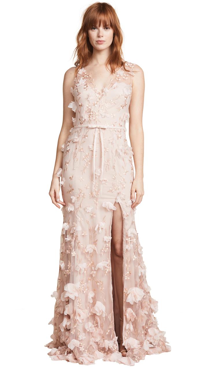 Marchesa Notte V Neck 3d Floral Dress