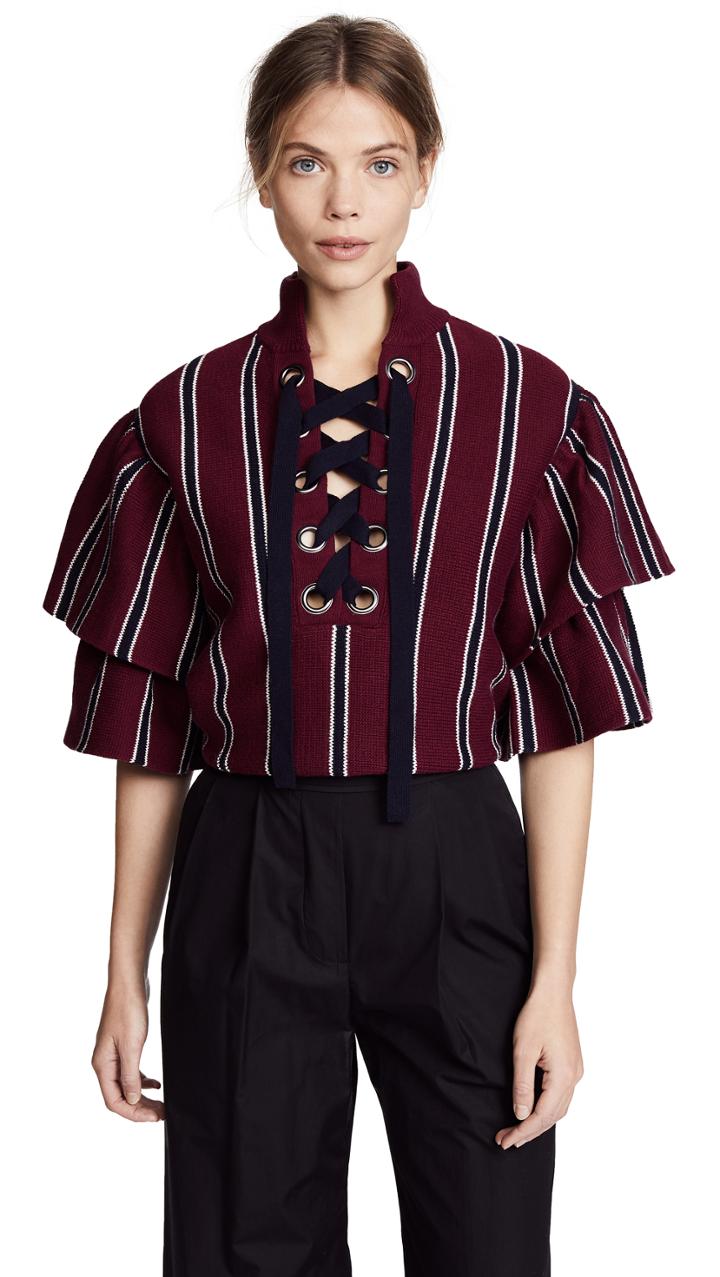 Self Portrait Striped Frill Sleeve Sweater