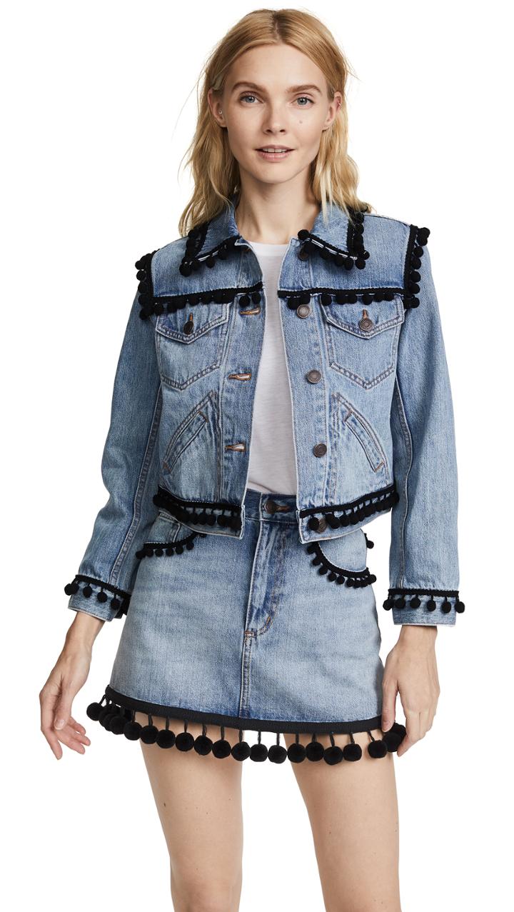 Marc Jacobs Shrunken Jean Jacket With Pom Poms