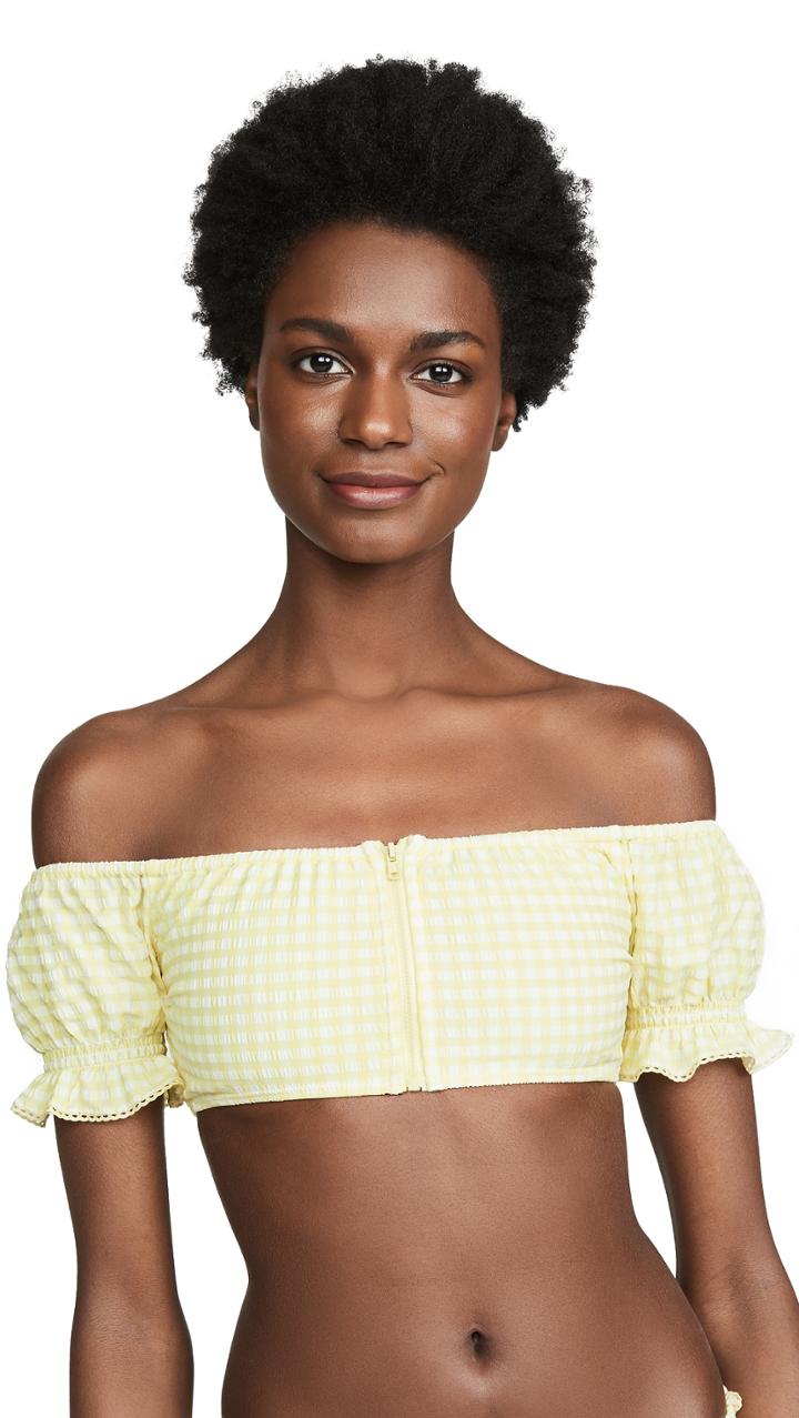 Jonathan Simkhai Gingham Puff Sleeve Bikini Top