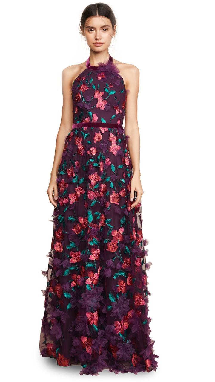 Marchesa Notte Floral Degrade Halter Gown