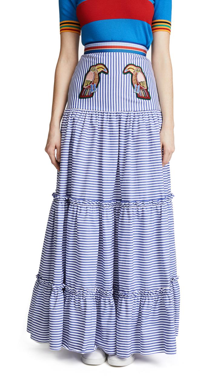 Stella Jean Maxi Tiered Skirt With Parrots