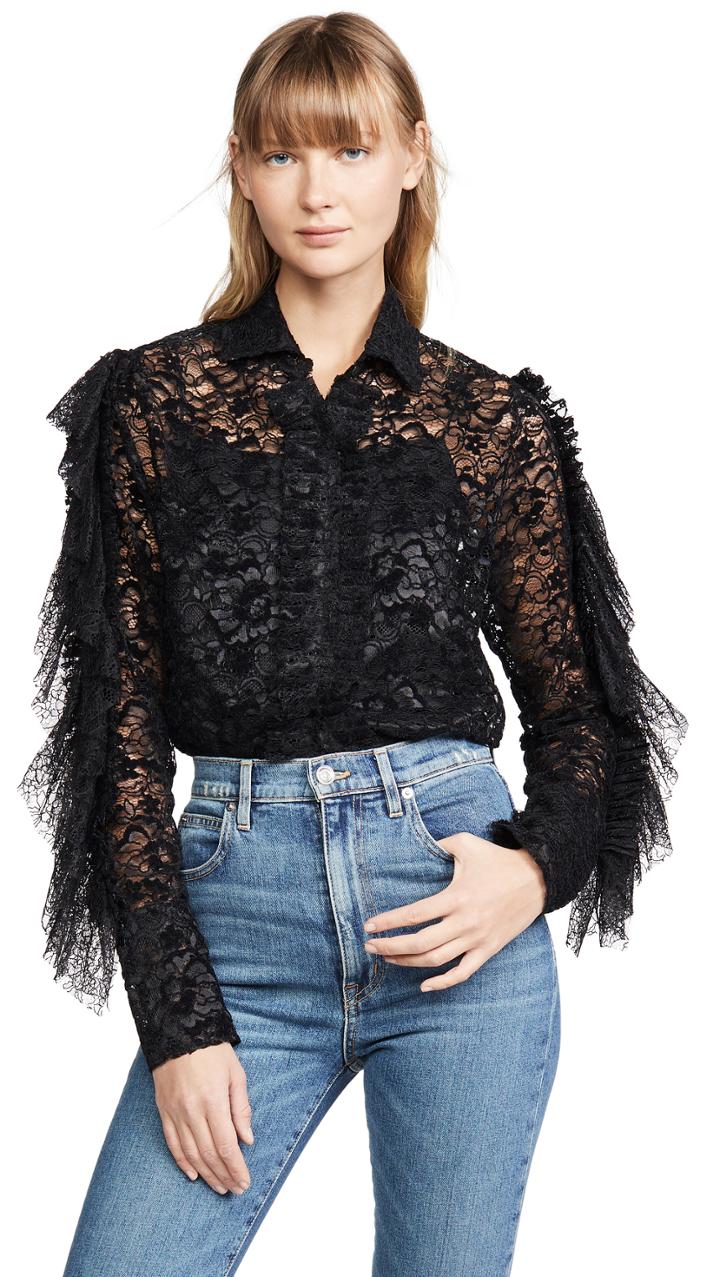 Anais Jourden Black Velvet Lace Shirt With Ruffles