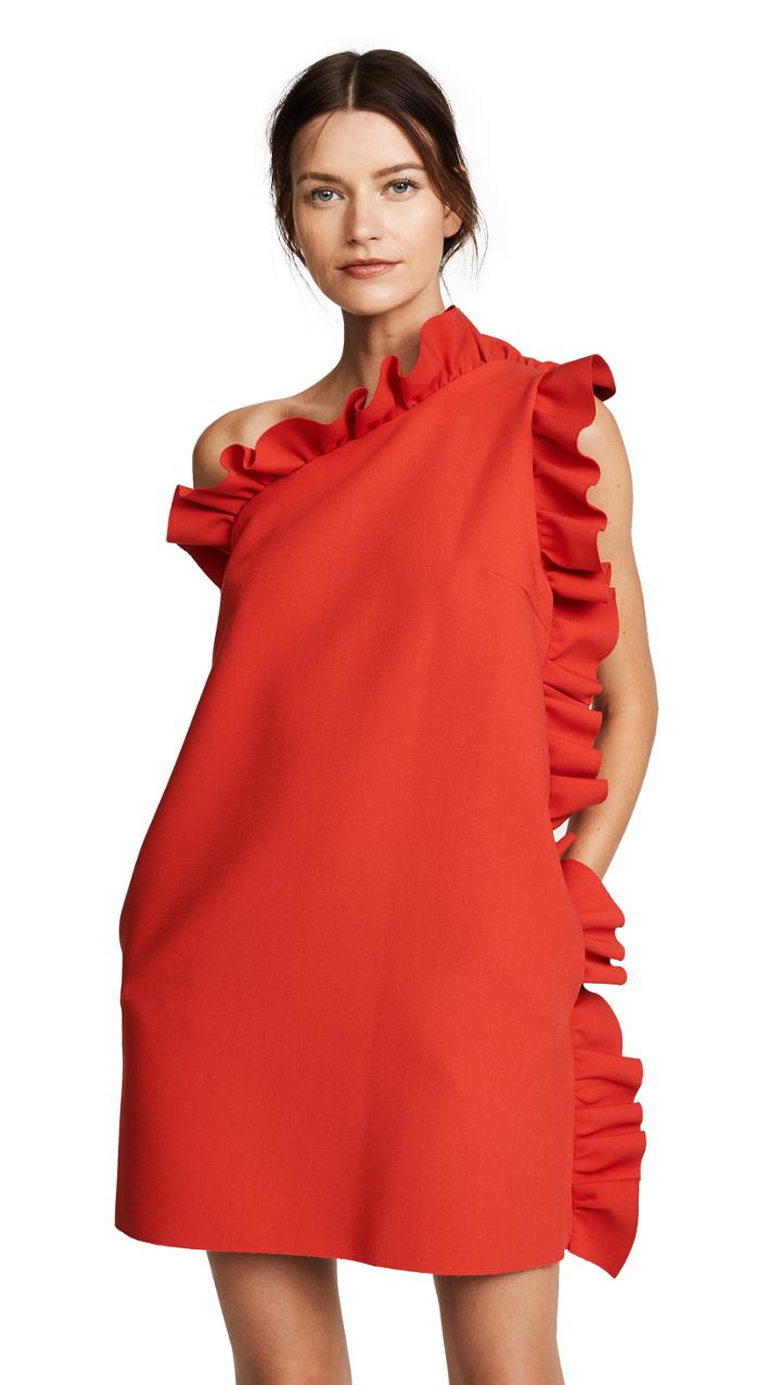 Msgm One Shoulder Crepe Ruffle Dress