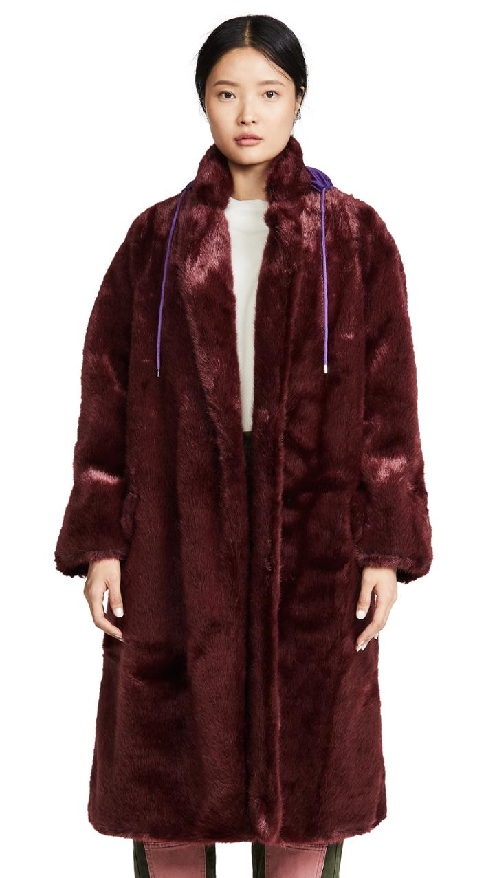 Pushbutton Hoodie Faux Fur Coat