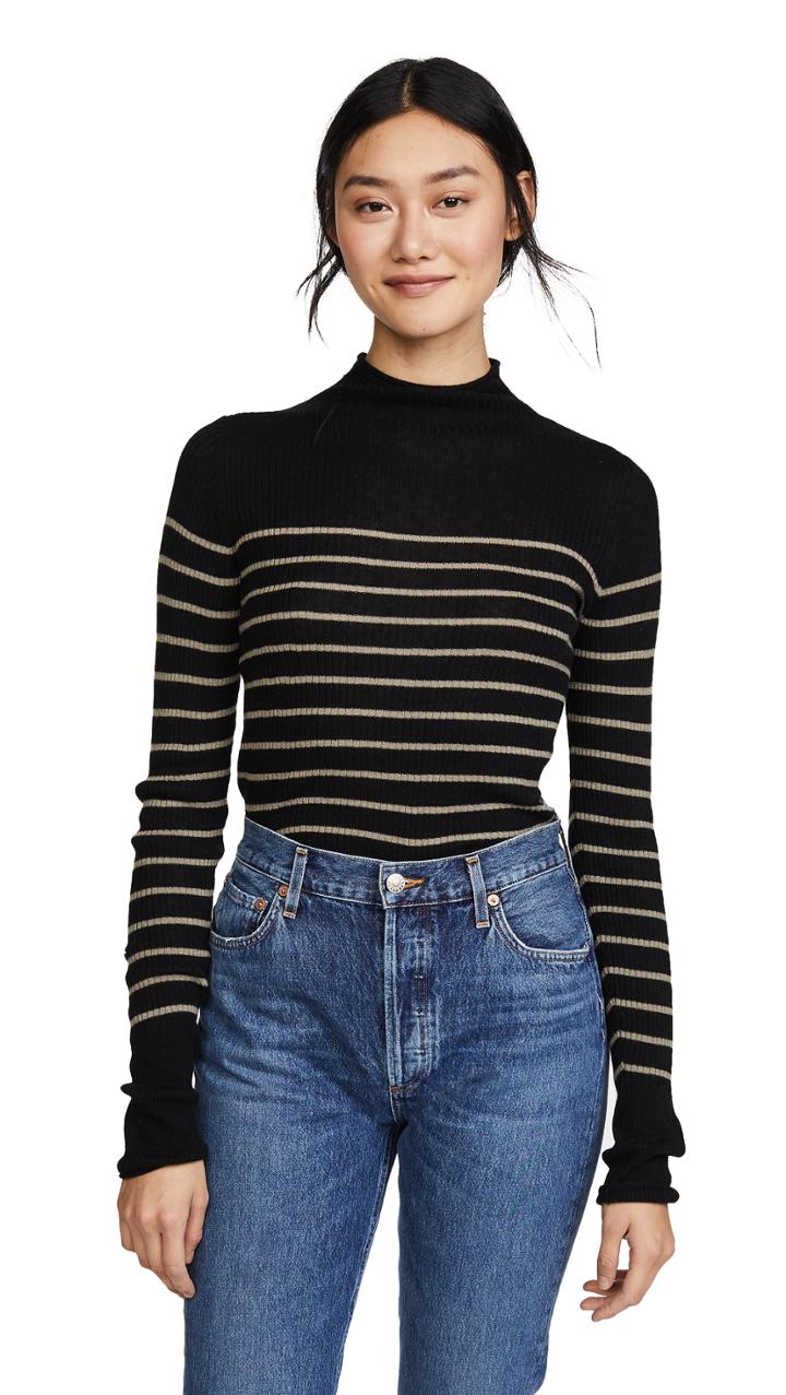 Vince Striped Roll Edge Mock Pullover